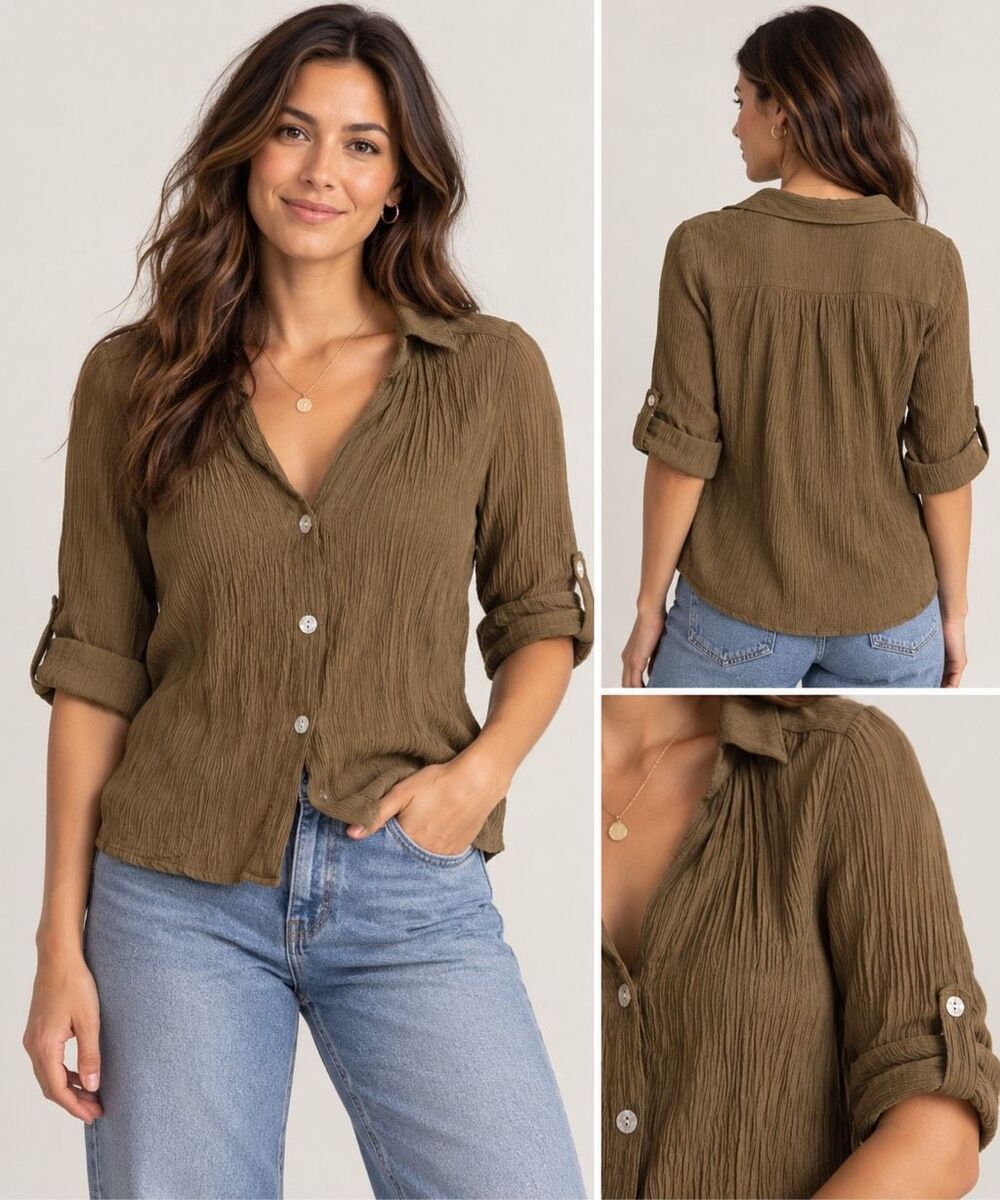 Zara Women’s XS Olive Brown Crinkle Button Front Blouse Roll Tab Sleeve Shirt